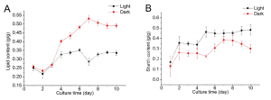生長在葡萄糖培養(yǎng)基中小球藻在光照及非光照情況下細(xì)胞油脂及淀粉含量隨時(shí)間變化圖